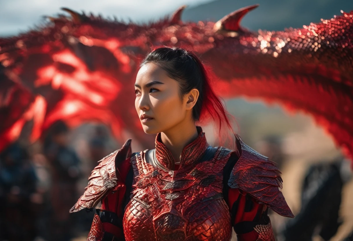 Cinematic, A fierce warrior woman stands before you, clad in a stunning red tech dragon armor is radiating tech energy . the armor is covering her whole body . The intricate armor is a mix of red and black, with bold red stripes that seem to pulsate with the dragon's magic. Her realistic appearance only adds to her awe-inspiring presence. Shot on a Sony Alpha A7 III camera with a Zeiss Batis lens at 85mm focal length and f/2.0 aperture, hyper realistic.xianxia