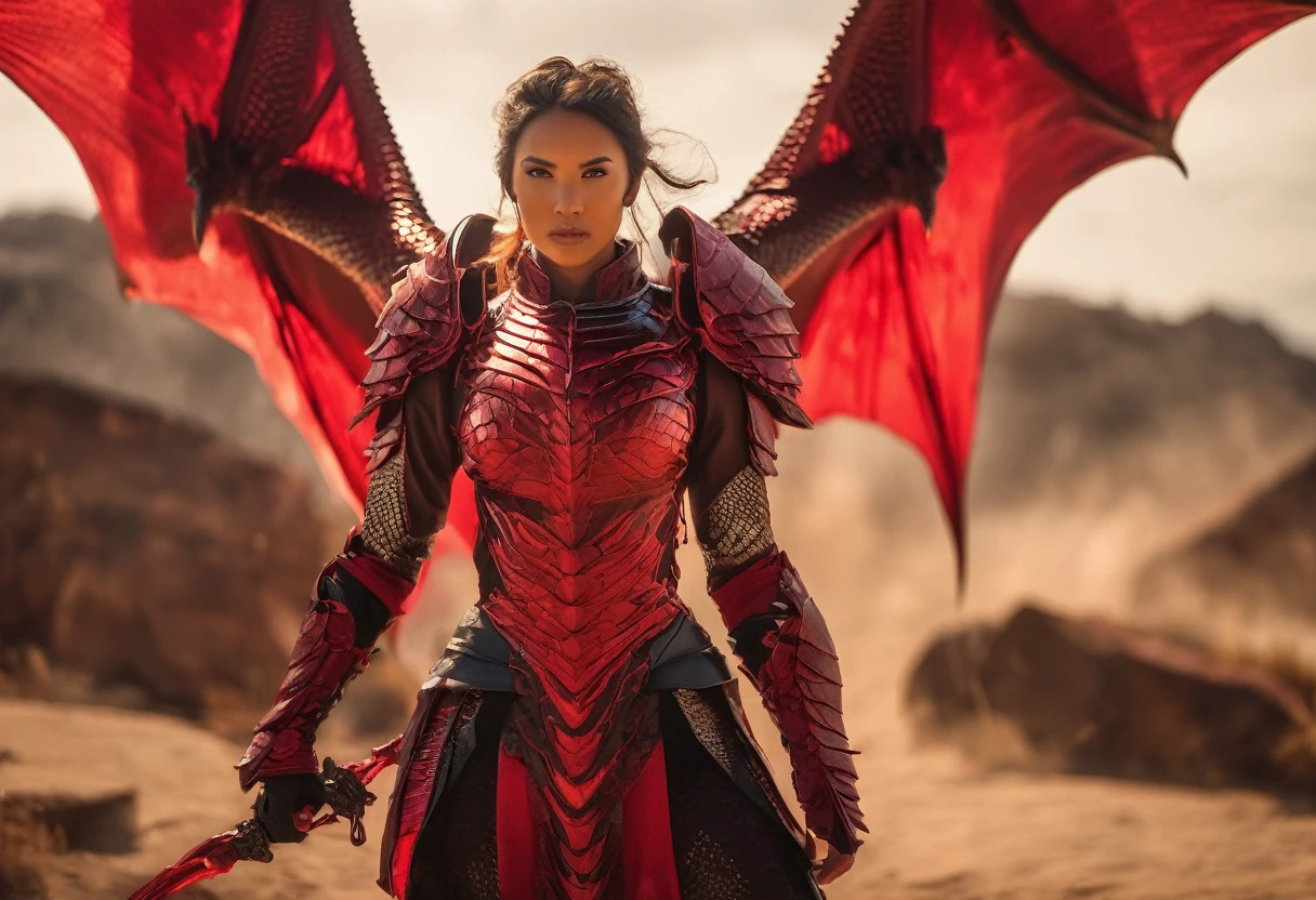 Cinematic, A fierce warrior woman stands before you, clad in a stunning red tech dragon armor is radiating tech energy . the armor is covering her whole body . The intricate armor is a mix of red and black, with bold red stripes that seem to pulsate with the dragon's magic. Her realistic appearance only adds to her awe-inspiring presence. Shot on a Sony Alpha A7 III camera with a Zeiss Batis lens at 85mm focal length and f/2.0 aperture, hyper realistic.xianxia