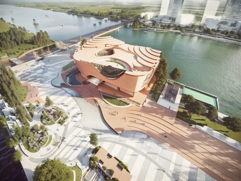 Rendering of a building with a circular roof，A river in the background, Photos from 2022, by Zha Shibiao, Wide Angle Exterior 2022, Architectural Rendering, The above points, Award-winning rendering, Digital Rendering, Architectural Rendering, inspired by Zha Shibiao, Artistic Impression, Artistic Interpretation, Artistic Rendering, Watch from above