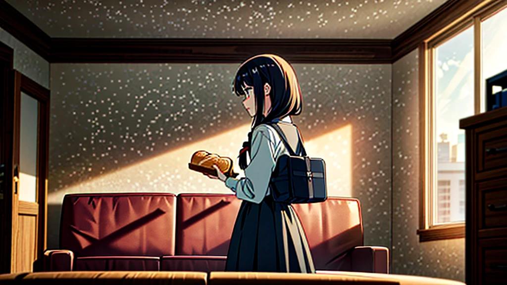 8k, {best quality}, {very aesthetic}, {ultra-detailed}, {best illustration}, A high school girl panics because she is going to be late, Early morning living room, Hold a loaf of bread, {Panic look},