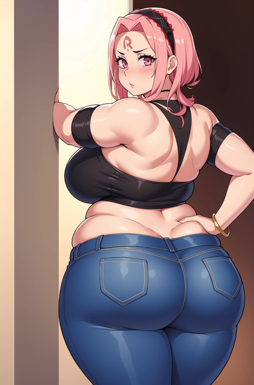 masterpiece, absurdres ,1girl, haruno sakura,forehead mark, red hairband, tight ripped jeans, white jeans, pink crop top, bracelet, from behind, big ass, sexy panties, embarrassed, blush, MILF, older woman, naughty girl, looking at viewer,leaking pants, thick dripping down thighs, ultra detailed, high resolution, MILF, hot mom, creamy liquid on pants, sexy pose,, showing off, big boobs, cleavage, seductive face, resisting, posing for photoshoot, model, sexy, beautiful, curvy girl, aroused, small , huge ass, solo, lace dress, jwellery, waist jwellery, stocking, lingerie