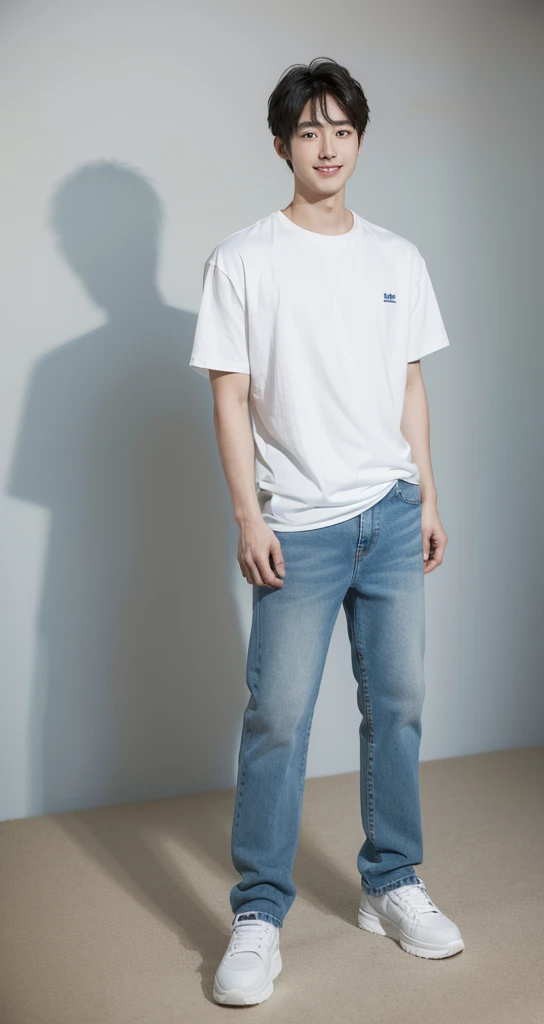The 28-year-old refreshing and handsome korean man standing in studio, simple background, ((full body)), jeans, sneakers, smile,(real photos)(Natural light on face)、korean 28-year-old man, white t-shirt, muscular、(top quality)、Super detailed、(masterpiece)、 Ultra high quality、(masterpiece)、Ultra high quality、very beautiful hair、bright photos、As handsome as a model、As handsome as an ido