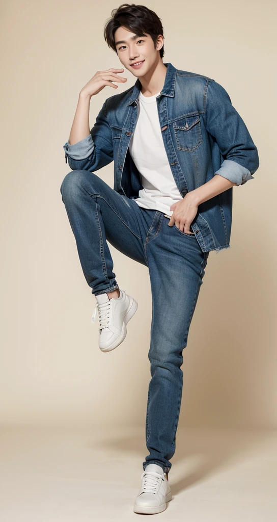 The 28-year-old refreshing and handsome korean man standing in studio, simple background, ((full body)), jeans, sneakers, smile,（real photos）(Natural light on face)、korean 28-year-old man, white t-shirt, muscular、（top quality）、Super detailed、（masterpiece）、　Ultra high quality、（masterpiece）、Ultra high quality、very beautiful hair、bright photos、As handsome as a model、As handsome as an ido