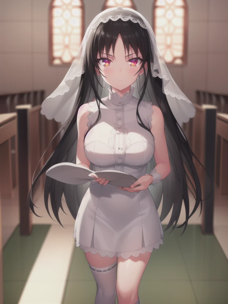 A girl,long hair, Bangs, black hair, Hair between the eyes, (Red eyes:1.5), (Large Breasts:1.2),
rest 锁骨, Wedding dress,veil,wedding,White dress,Flowers,Broken skirt,White socks,Tights,White knee socks,
looking at viewer, whole body,
indoors, church,Standing,Standing,
rest (masterpiece:1.2), best quality, high resolution, Unity 8k Wallpaper, (illustration:0.8), (Beautiful and delicate eyes:1.6), Extremely detailed face, Perfect lighting, Extremely detailed CG, (Perfect hands, Perfect anatomical structure),