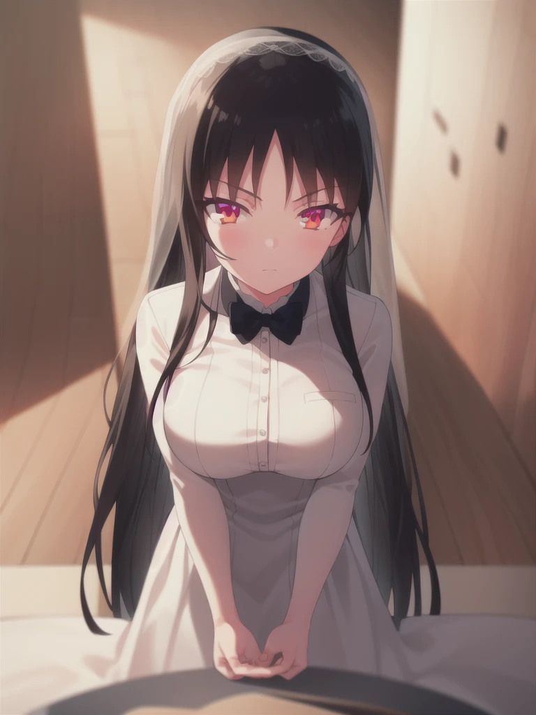 A girl,long hair, Bangs, black hair, Hair between the eyes, (Red eyes:1.5), (Large Breasts:1.2),
rest 锁骨, Wedding dress,veil,wedding,White dress,Flowers,Broken skirt,White socks,Tights,White knee socks,
looking at viewer, whole body,
indoors, church,Standing,Standing,
rest (masterpiece:1.2), best quality, high resolution, Unity 8k Wallpaper, (illustration:0.8), (Beautiful and delicate eyes:1.6), Extremely detailed face, Perfect lighting, Extremely detailed CG, (Perfect hands, Perfect anatomical structure),