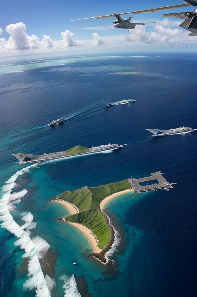 Aerial view of Japanese planes in formation, carriers in the background, approaching Oahu.]