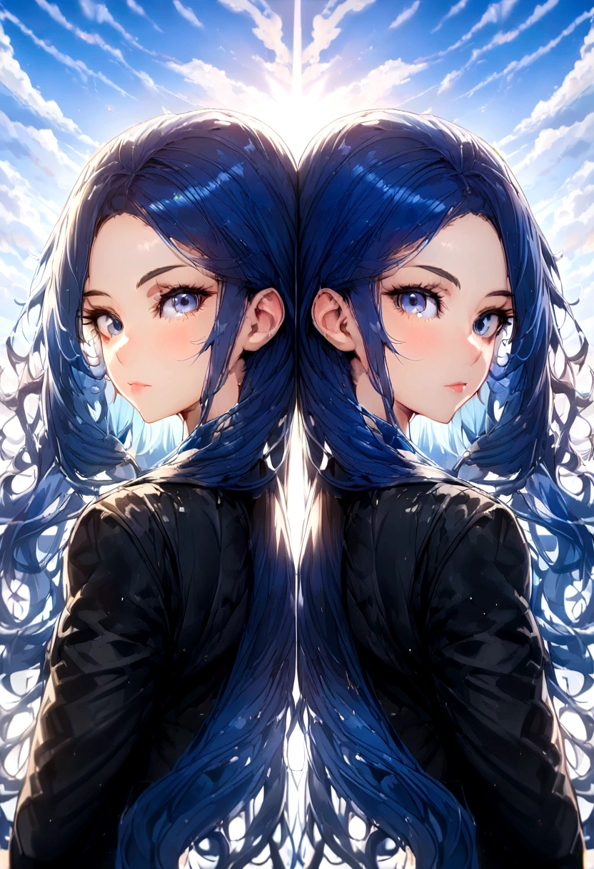 (Highest quality)(1 woman,single,long hair,blue hair,blue eyes,fit ,Black suit shirt,Turn to look at the viewer,bright morning sky background) look back