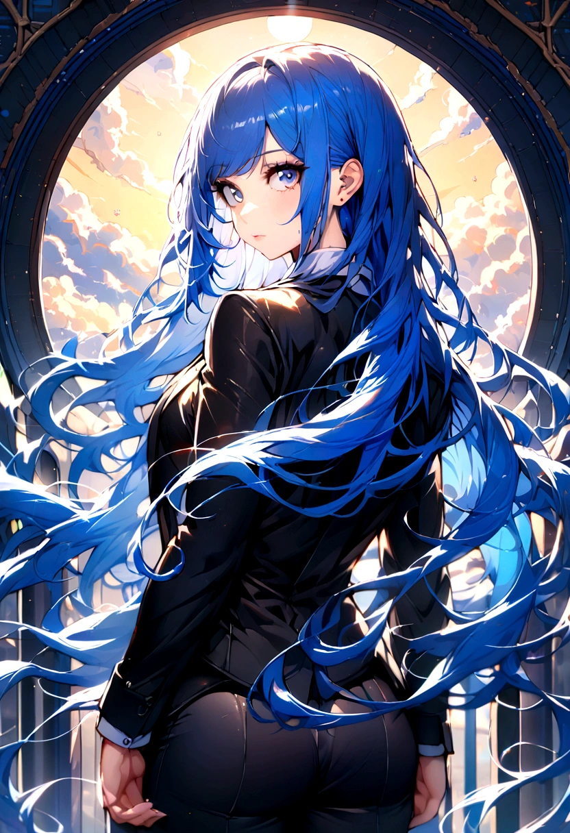 (Highest quality)(1 woman,single,long hair,blue hair,blue eyes,fit ,Black suit shirt,Turn to look at the viewer,bright morning sky background) look back