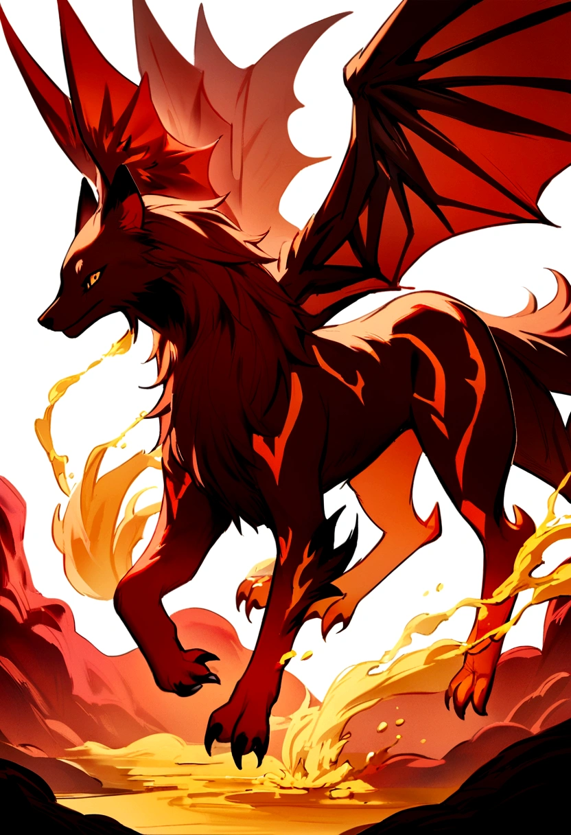 The salamander that like a flying fox and a lion , flying fox wings , 4 legs , ears , hair , yellow liquid pink aura , orange pink eyes , red scale , scarft , not a human