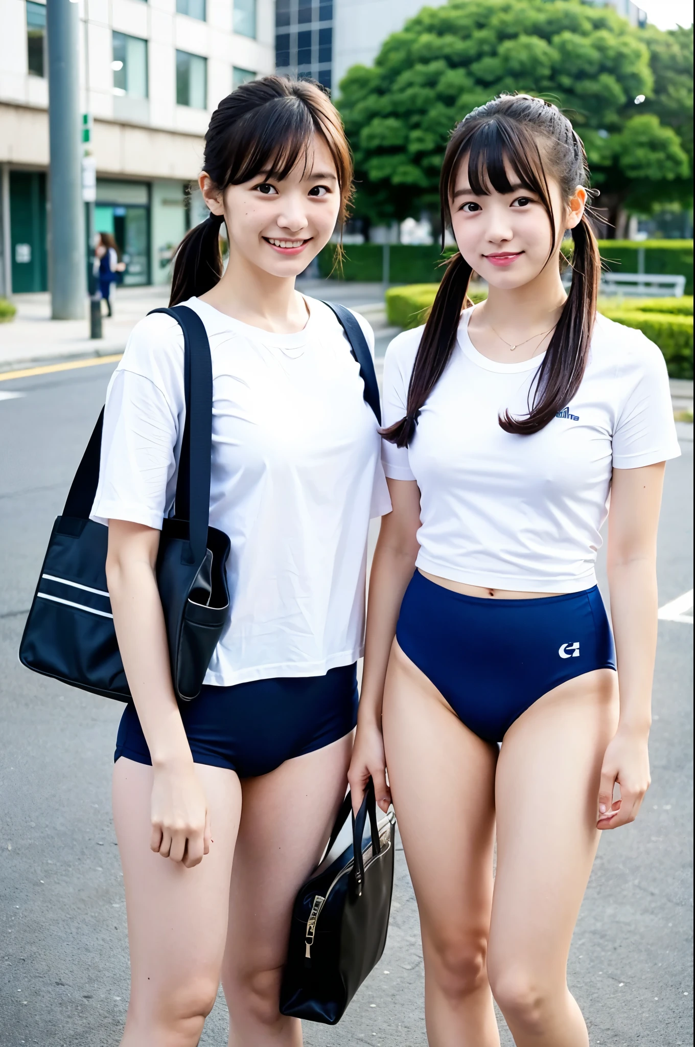 2 girls standing in Japanese city,white plain t-shirt with blue trim,navy blue speedo swimming briefs,school bag,18-year-old,bangs,a little smile,large bare thighs,knees,legs apart,short hair with low pigtails,from before,front light