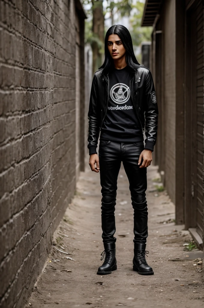 > A tall, thin 19-year-old boy with long silver hair and a black streak, un ojo lila y el otro dorado, piel clara, he wears black pants, una playera blanca, una sudadera oscura, guantes de motociclista, botas medio altas negras y una cicatriz grande que atraviesa su ojo