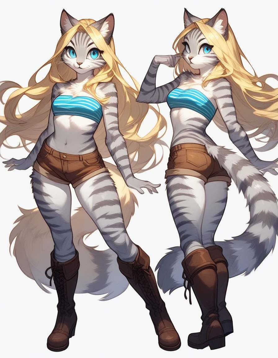 score_9, score_8_up, score_7_up Anthro furry feline,  Kat, silver furry body, grey striped body, blonde hair, blue eyes, long blonde hair, standing, basic standing pose, white background, wearing blue bandeau, brown short shorts, brown boots, full body shot