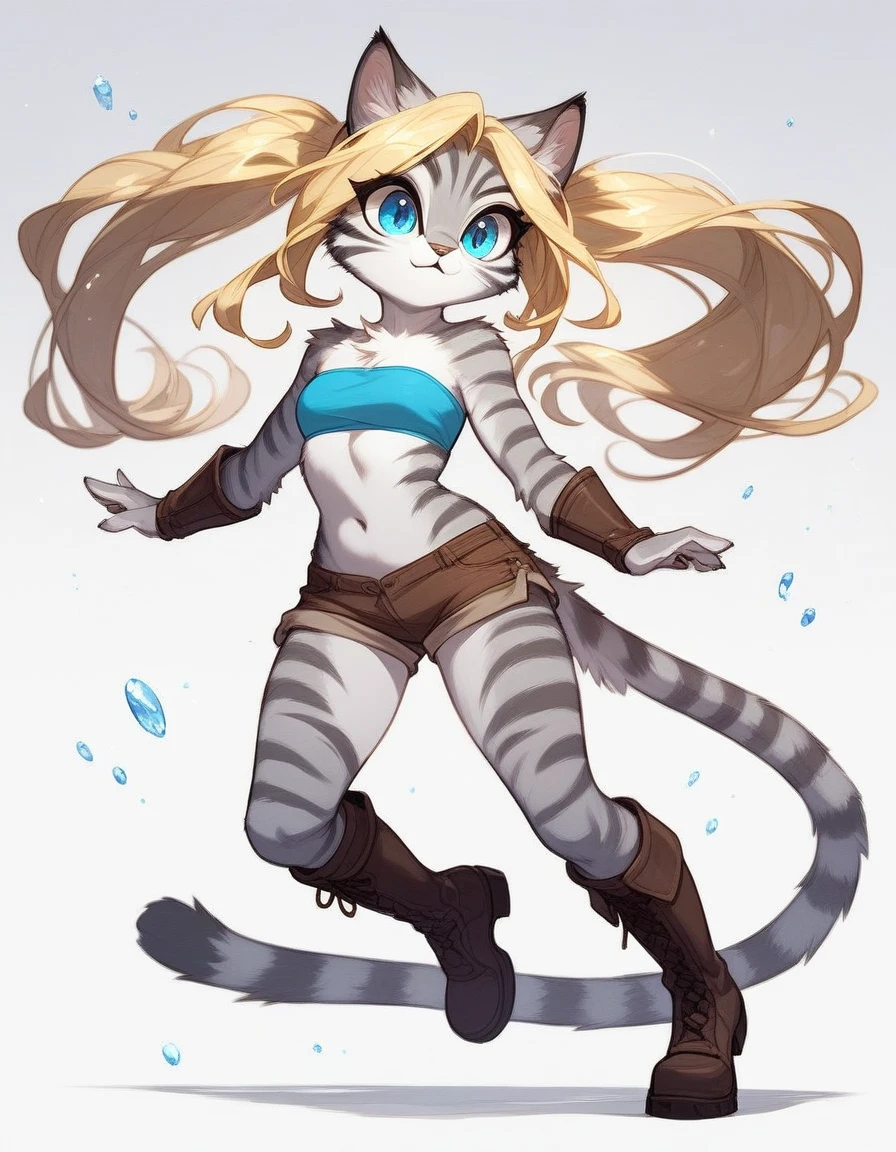 score_9, score_8_up, score_7_up Anthro furry feline, Kat, silver furry body, grey striped body, blonde hair, blue eyes, long blonde hair, standing, basic standing pose, white background, wearing blue bandeau, brown short shorts, brown boots, full body shot