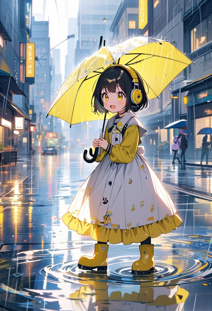 (extremely detailed fine touch:1.3),absurdres, highres,BREAK kawaii girl holding umbrella and singing song, rainy day, musical note, Rainy cityscape, open mouth,  (super very short hair:1.3), (yellow glasses:1.3), underrim_metal, headphones, rain boots, water reflection,