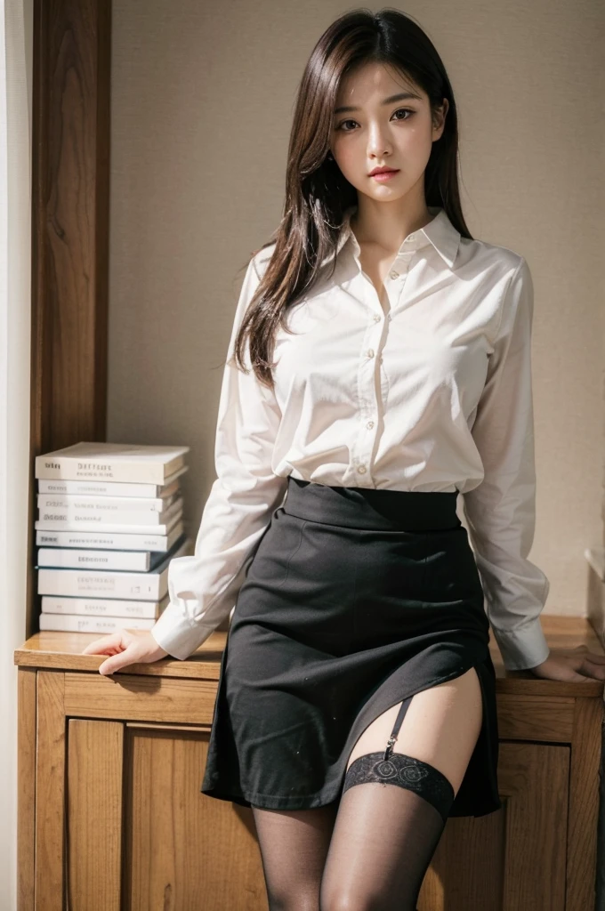 ((Highest quality)), ((masterpiece)), (detailed), Perfect face masutepiece, Best Quality, Illustration, Ultra-detailed, finely detail, hight resolution, 8K Wallpaper, Perfect dynamic composition, Beautiful detailed eyes,Medium Hair,Small breasts 、natural color lip, Bold sexy poses,20 years girl、Cute、Sexy shot looking at camera、wide angle、full BODY、taking off clothes、, standing,covering with hands, wet body, skirt,dress shirt,stockings,see-through,office lady,secretary,standing,wet body