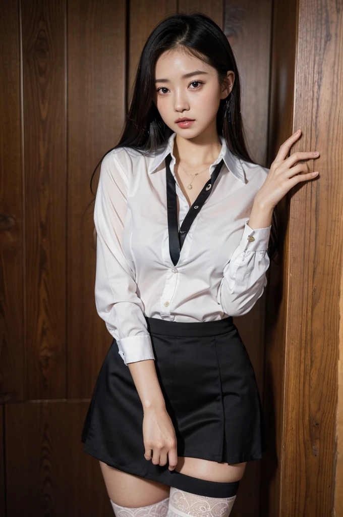 ((Highest quality)), ((masterpiece)), (detailed), Perfect face masutepiece, Best Quality, Illustration, Ultra-detailed, finely detail, hight resolution, 8K Wallpaper, Perfect dynamic composition, Beautiful detailed eyes,Medium Hair,Small breasts 、natural color lip, Bold sexy poses,20 years girl、Cute、Sexy shot looking at camera、wide angle、full BODY、taking off clothes、, standing,covering  with hands, wet body, skirt,dress shirt,stockings,see-through,office lady,secretary,standing,wet body