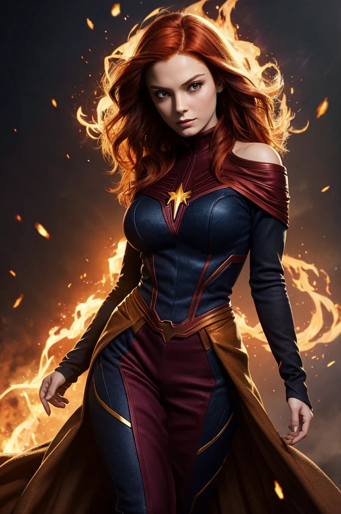 Jean grey, dark phoenix, cleavage, full body ((best quality)), ((masterpiece)), (detailed), 1girl, off-shoulder sweater,