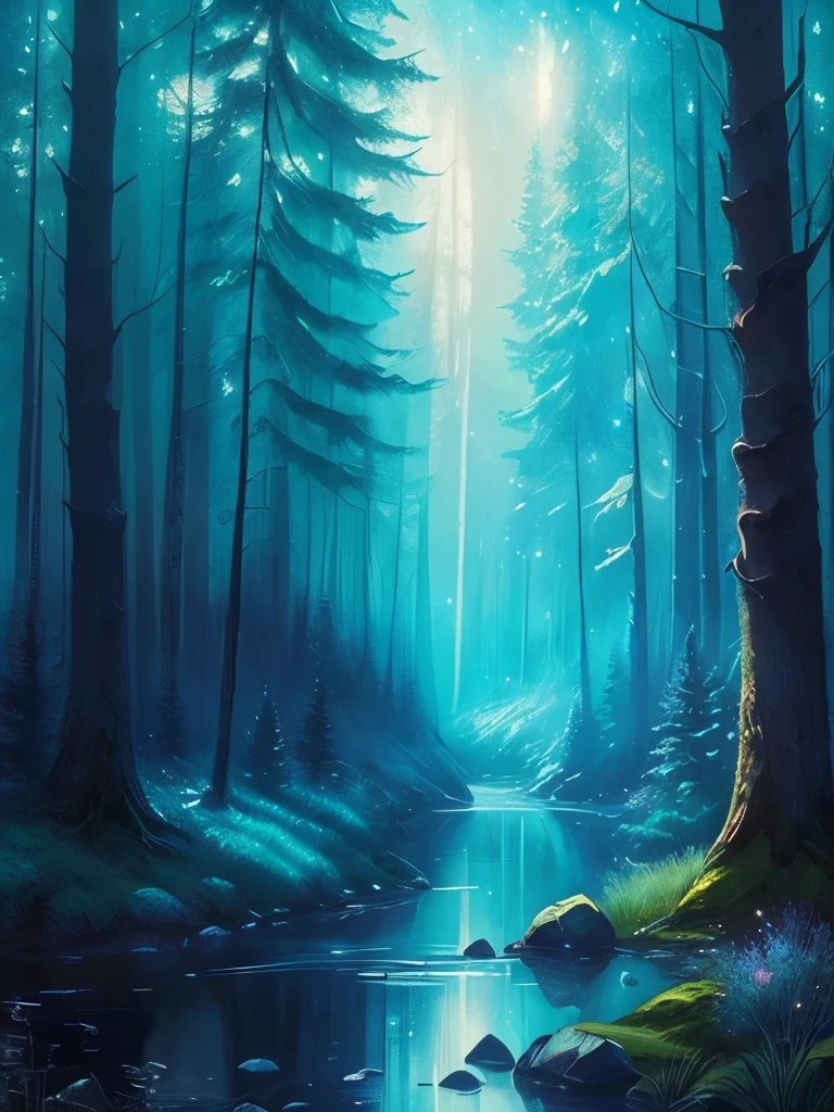 a painting of a forest with a river and stars in the sky, magical forest, magical fantasy forest, magical background, magical forest backround, glowing forest, background artwork, magical forest in the background, enchanted magical fantasy forest, magical colours and atmosphere, fantasy forest, magic fairy forest, magic forest, magical colors and atmosphere, very magical and dreamy