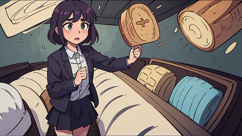 8k, {best quality}, {very aesthetic}, {ultra-detailed}, {best illustration}, A high school girl panics because she is going to be late, Early morning living room, Hold a loaf of bread, {Panic look},