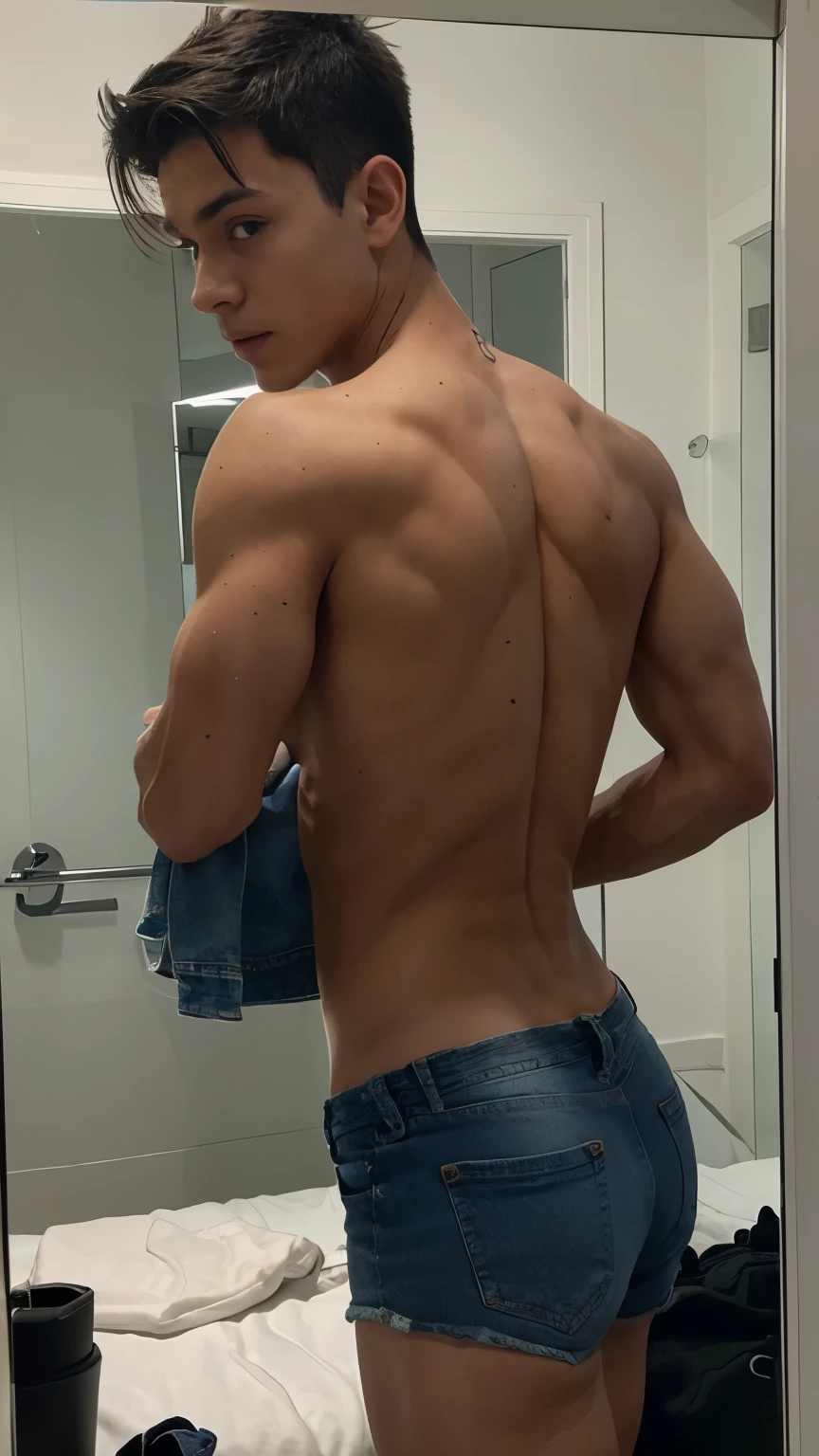 there is a man taking a photo in the mirror, slim photo, 18 years old, perfect body, shirtless, 1 , by :5 sexy: 7, with abs, tommy 1 6 years oldmely hot and sexy, 2 2 years old, cut half shorts jeans, 21 years old, 2 3 years old