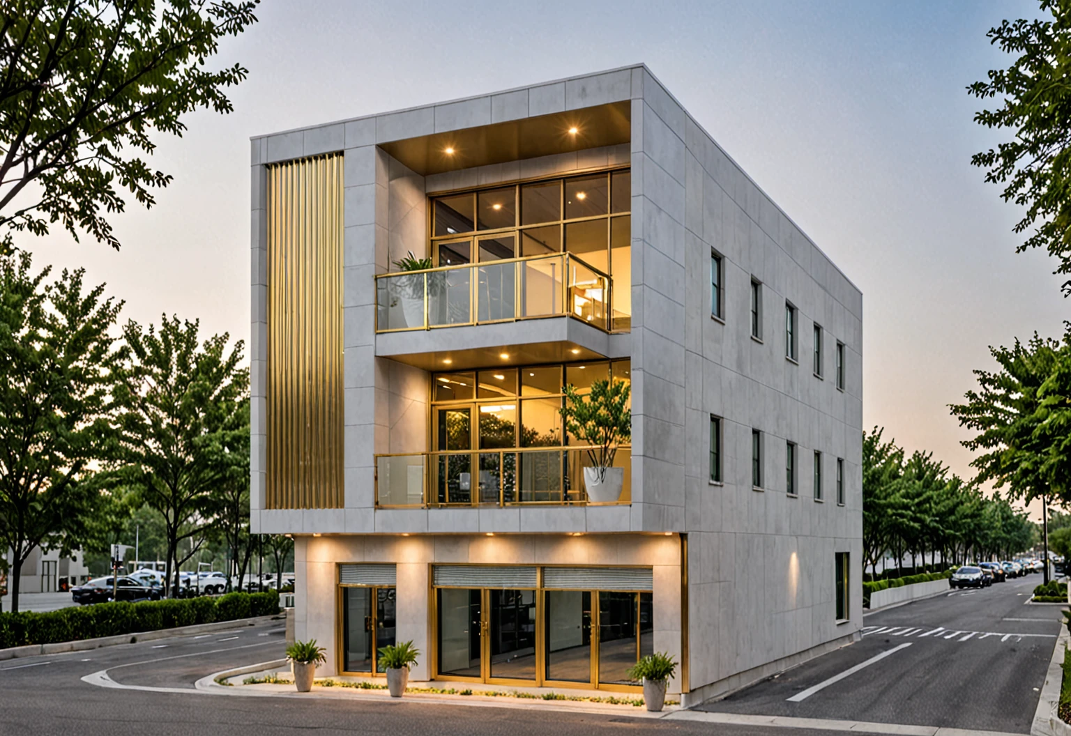 Raw photo,Masterpiece, high quality, best quality, authentic, super detail, modern style, aiaigroup,office building, decorative bars, decorative louvers, sun louvers, aluminum wall cladding, gold aluminum, glass railing,outdoors, tree, building, scenery, city, road, real world location, treet, window, balcony, railing, minimalist line, daylight, realistic