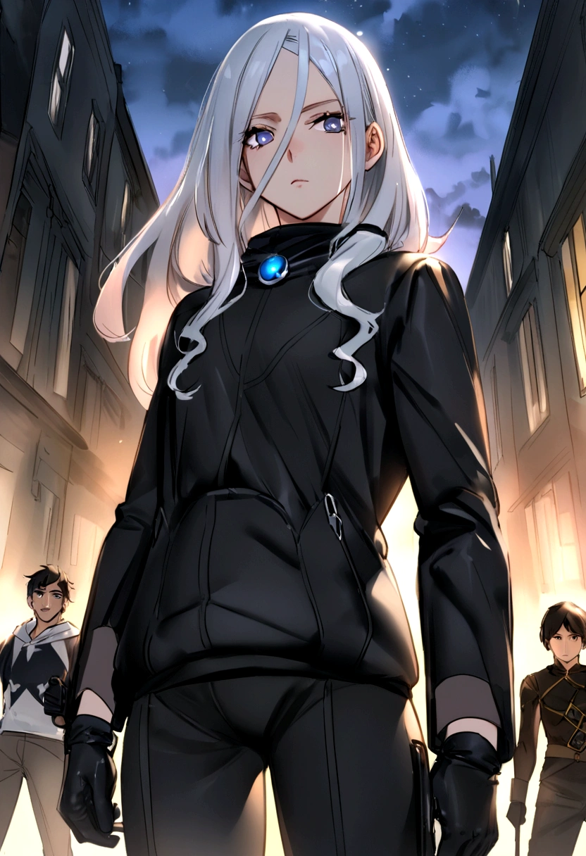 > A tall, thin 19-year-old boy with long silver hair and a black streak, un ojo lila y el otro dorado, piel clara, he wears black pants, una playera blanca, una sudadera oscura, guantes de motociclista, botas medio altas negras y una cicatriz grande que atraviesa su ojo