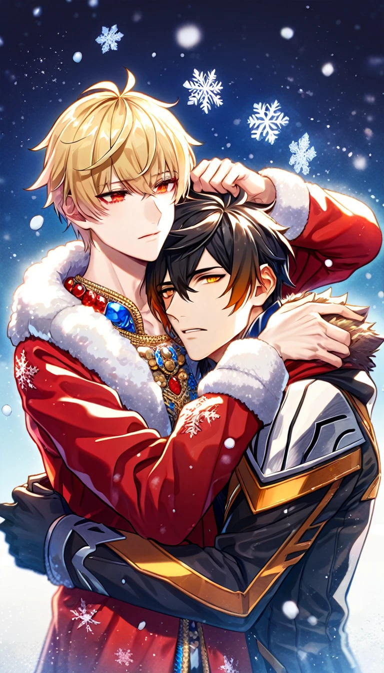 absurdres, highres, ultra detailed, HDR, master piece, best quality, extremely detailed face, delicated features, Gilgamesh, blond messy hair, expressive red eyes, fate grand order, Zhongli, black hair, expressive yellow eyes, two sexy men hugging, gay couple, handsome, black coat with fur, red coat with fur, fantasy clothes, snow, snowflakes, snowing, ice butterflies, sad, sadness