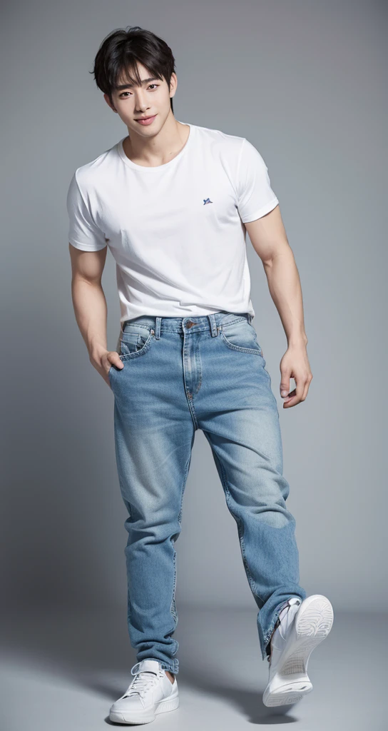 The 28-year-old refreshing and handsome korean man standing in studio, simple background, ((full body)), jeans, sneakers, smile,（real photos）(Natural light on face)、korean 28-year-old man, white t-shirt, muscular、（top quality）、Super detailed、（masterpiece）、　Ultra high quality、（masterpiece）、Ultra high quality、very beautiful hair、bright photos、As handsome as a model、As handsome as an ido