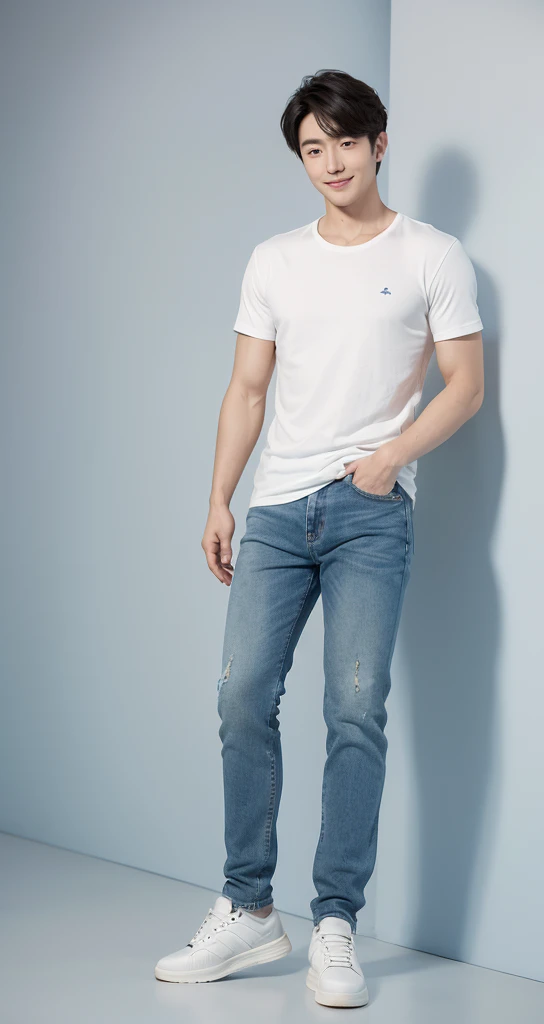 The 28-year-old refreshing and handsome korean man standing in studio, simple background, ((full body)), jeans, sneakers, smile,(real photos)(Natural light on face)、korean 28-year-old man, white t-shirt, muscular、(top quality)、Super detailed、(masterpiece)、 Ultra high quality、(masterpiece)、Ultra high quality、very beautiful hair、bright photos、As handsome as a model、As handsome as an ido