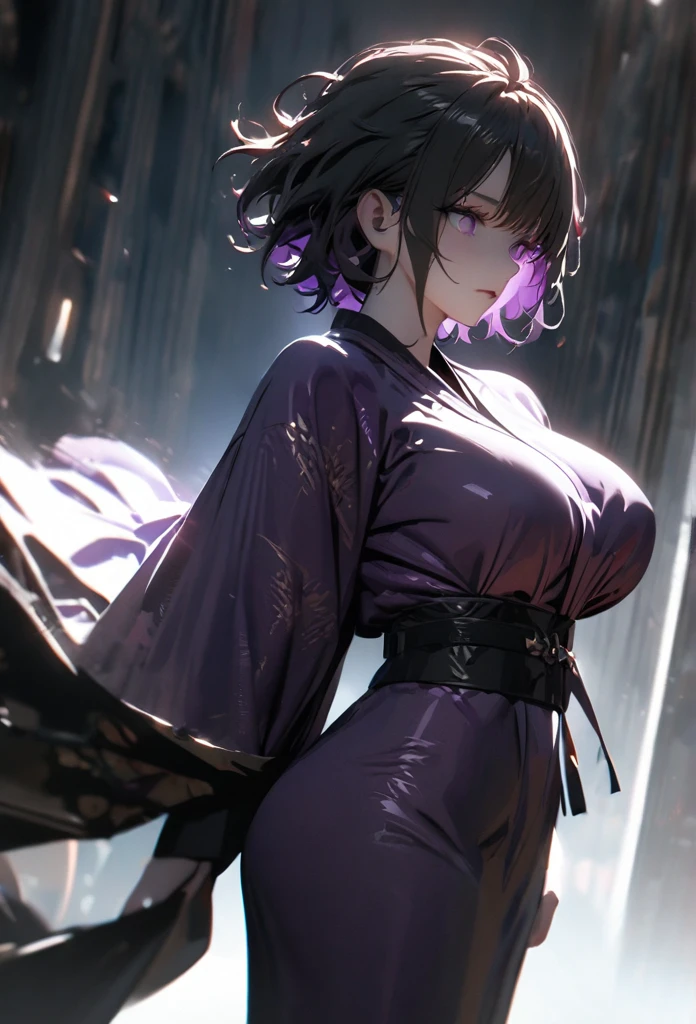 (solo), pitch black hair, messy hair, mane hair, short hair, dense hair, wild hair, expressive hai,(25 year old), pale skin, ((Female)), purple eyes, beautiful girl, wearing a black and purple kimono, beautiful, attractive, huge breast, big ass, Yin, eye reflection, depth of field, thunder aura, cinematic lighting, ray tracing, depth of field, cinematic lighting, ray tracing, UHD, high details, best quality, highres, high quality, award winning, super detail, masterpiece, 8k, UHD, high details, best quality, highres, high quality, award winning, super detail, masterpiece, 8k, digital art, anime coloring, body shot, full body, back shot, good face, perfect face, detailed face, good eyes. The background is space. A blackhole in the background.