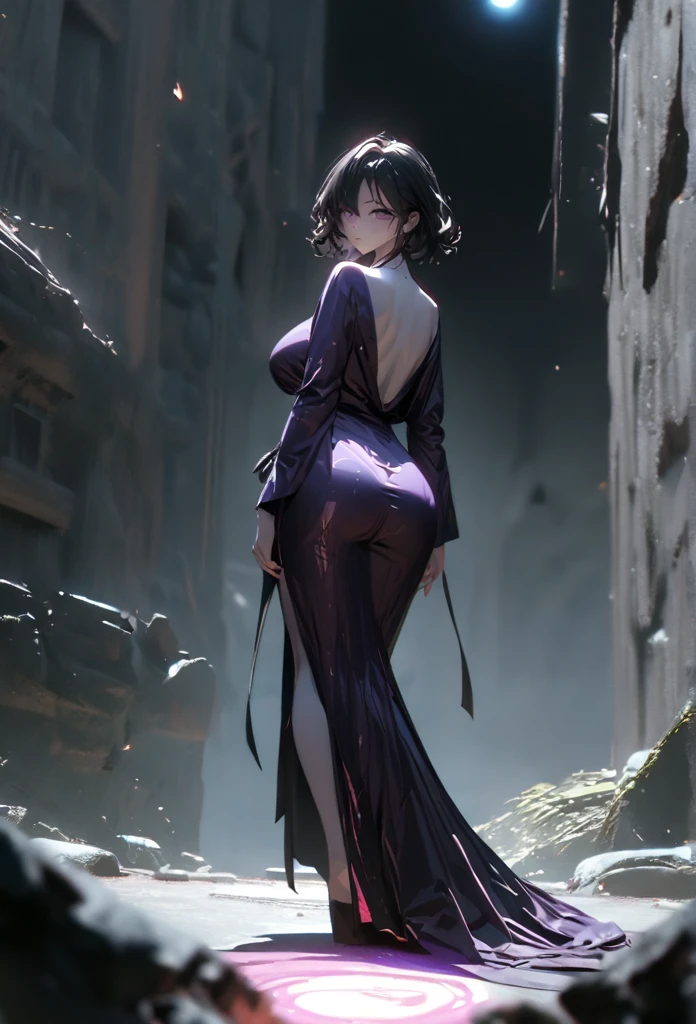 (solo), pitch black hair, messy hair, mane hair, short hair, dense hair, wild hair, expressive hai,(25 year old), pale skin, ((Female)), purple eyes, beautiful girl, wearing a black and purple kimono, beautiful, attractive, huge breast, big ass, Yin, eye reflection, depth of field, thunder aura, cinematic lighting, ray tracing, depth of field, cinematic lighting, ray tracing, UHD, high details, best quality, highres, high quality, award winning, super detail, masterpiece, 8k, UHD, high details, best quality, highres, high quality, award winning, super detail, masterpiece, 8k, digital art, anime coloring, body shot, full body, back shot, good face, perfect face, detailed face, good eyes. The background is space. A blackhole in the background.