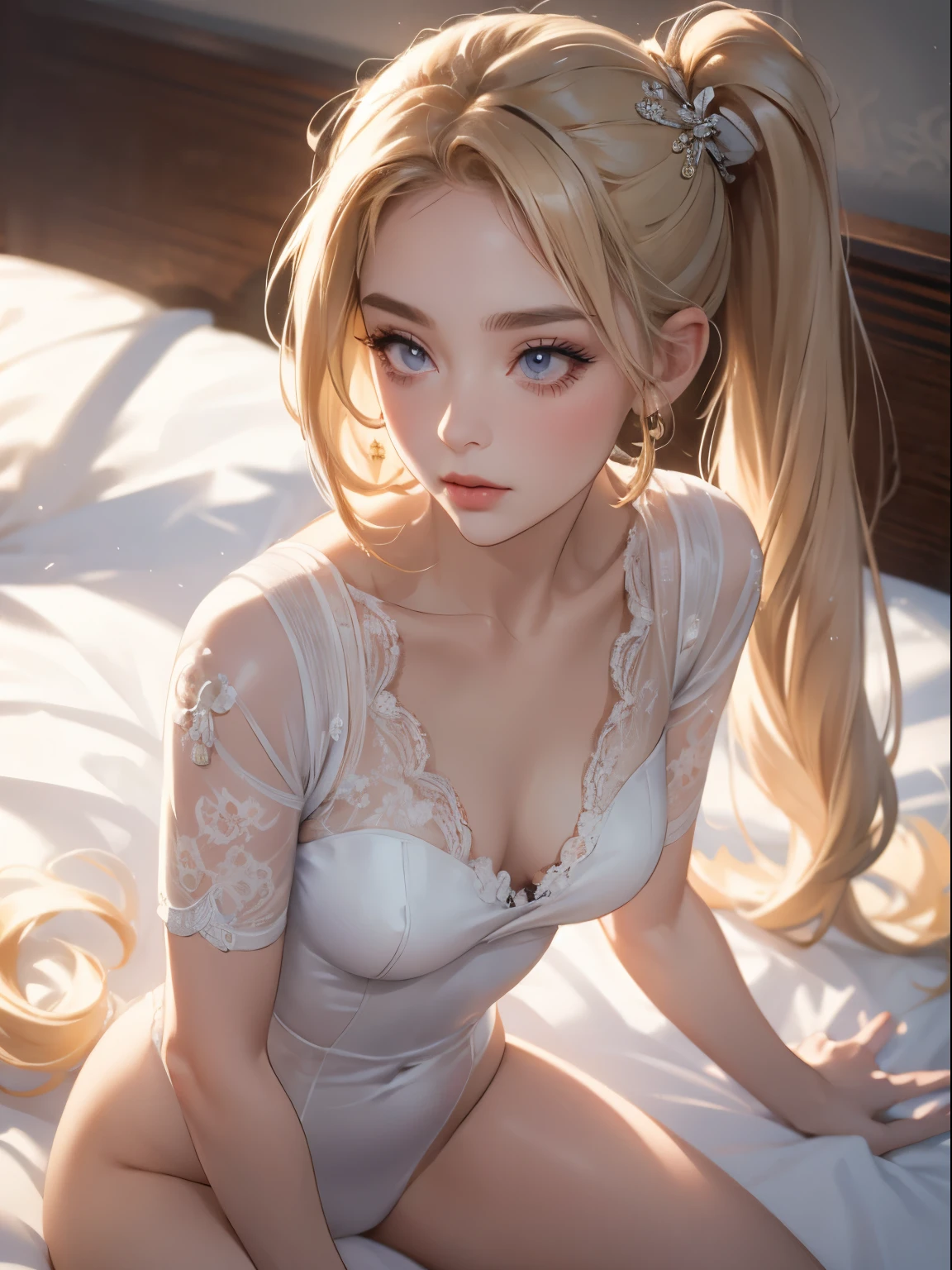 23-year-old woman, blonde hair, hair tied in a side ponytail, sensual neckline, transparent silk blouse, small breasts, pointed breasts, nipples marked on clothing, facing the viewer, female focus, (Masterpiece:1.0) , (8k wallpaper:1.0), (beautiful detailed face:1.0), character close to the camera, V-shaped panties, violet panties, lace panties, lying on a bed, view from above,