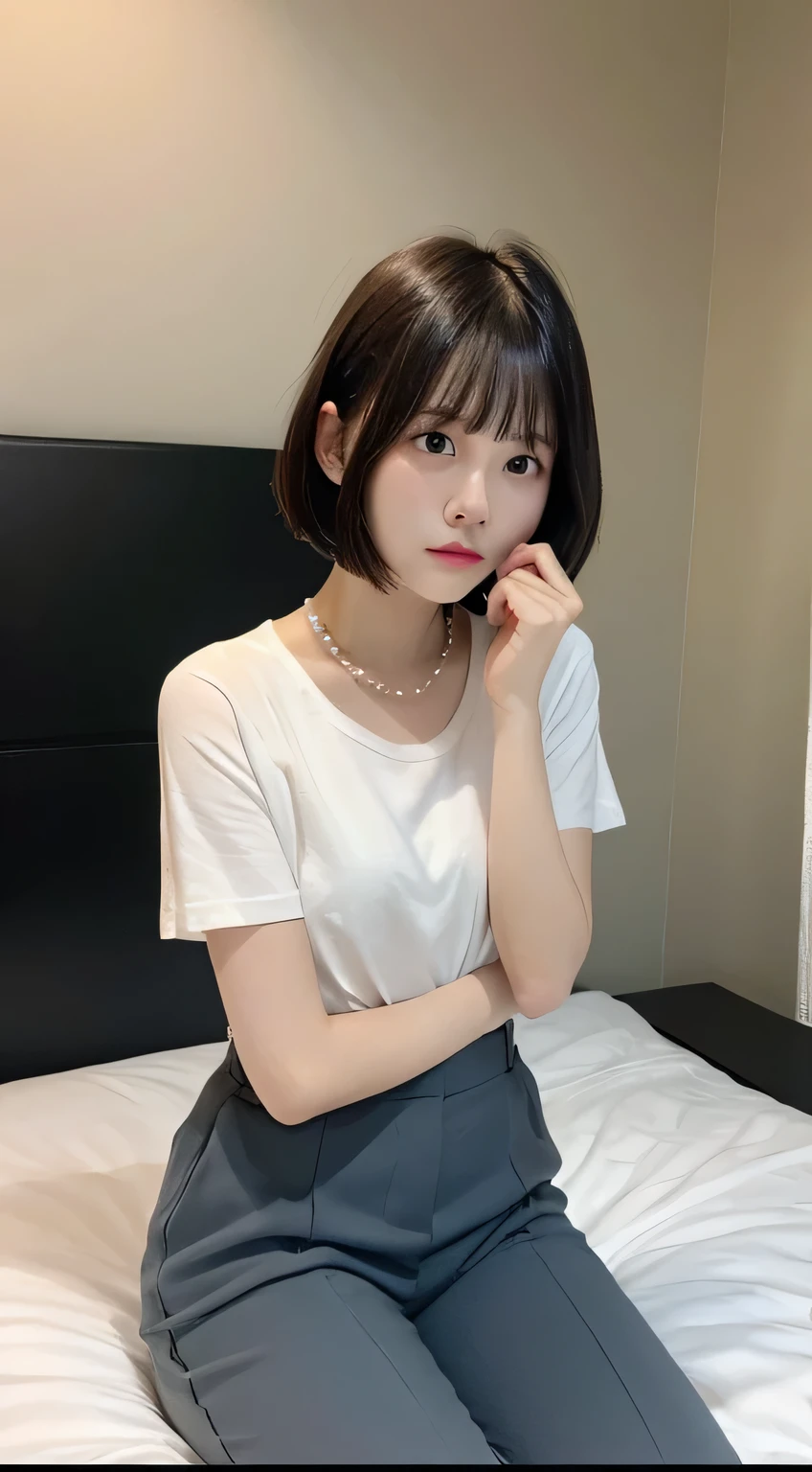 Pearl pants with no fabric、Dark Room、bed、Embarrassed face、Short hair with bangs