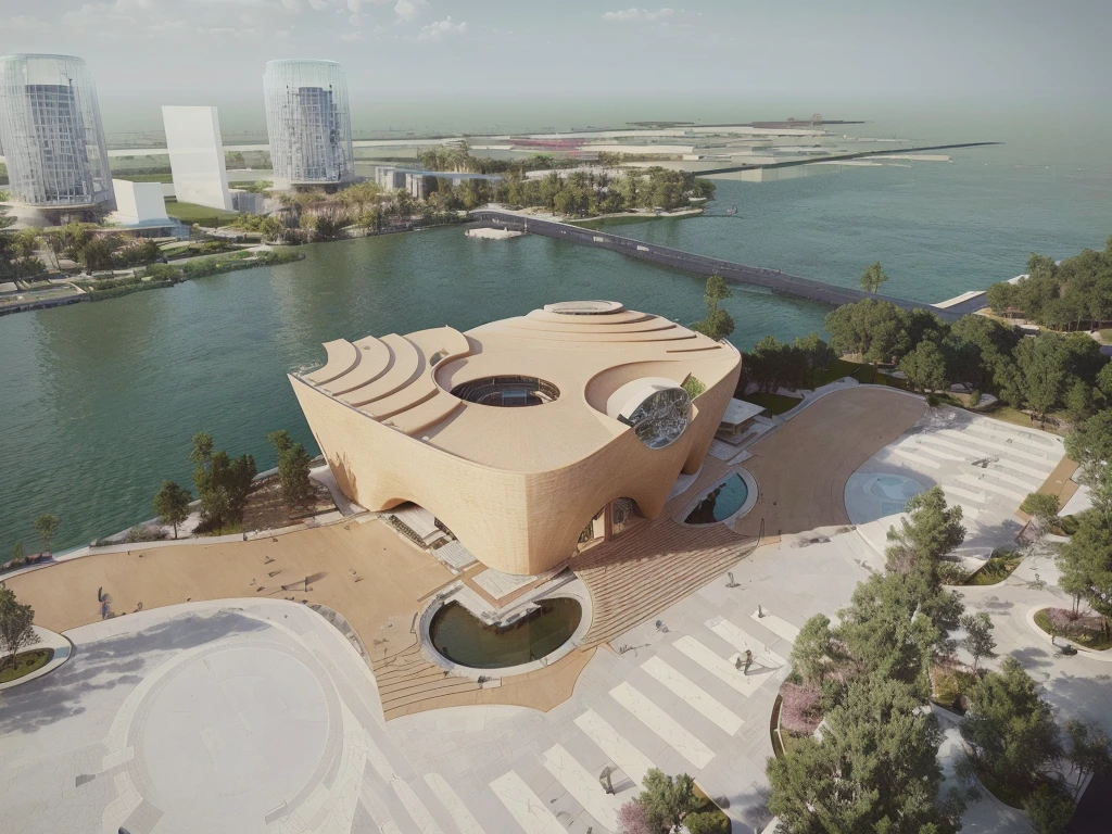 A building with a dome,There is a body of water next to it, Photos from 2022, Architectural Rendering, Architectural Rendering, inspired by Zha Shibiao, by Zha Shibiao, Artistic Rendering, Detailed rendering, Concept Rendering, Wide Angle Exterior 2022, Award-winning rendering, The above points, Architectural Renderinging