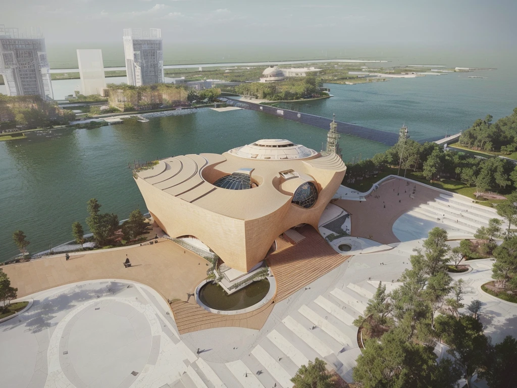 A building with a dome，There is a body of water next to it, Photos from 2022, Architectural Rendering, Architectural Rendering, inspired by Zha Shibiao, by Zha Shibiao, Artistic Rendering, Detailed rendering, Concept Rendering, Wide Angle Exterior 2022, Award-winning rendering, The above points, Architectural Renderinging
