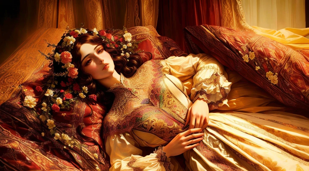 mulher arafa deitada em uma cama com um ramo de flores secas, renascentista outonal, beautiful languid princess, em estilo alto renascentista, Bela Adormecida fairytale, em uma mistura de estilo de botticelli, imperatriz outonal, em estilo renascentista, Pre-Raphaelite style, vestido colorido renascentista, inspirado em Georges de La Tour, Bela Adormecida, inspirado em Viktor Vasnetsov