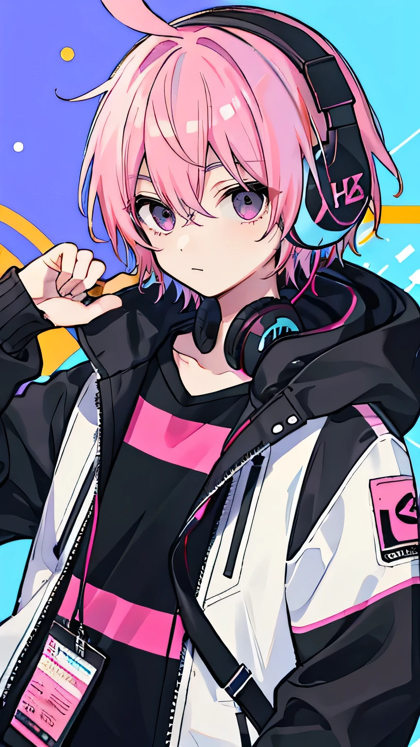 1 boy, pink hair, black eye, whole body, wear headset