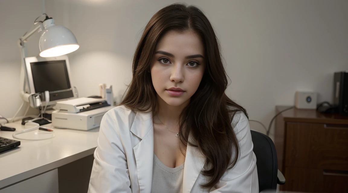 Beautiful female doctor in white coat, stethoscope around neck, full body, hospital examination white room, sitting cross-legged on office chair, thighs peeking out from white coat, black stockings, computer and keyboard on desk, (Excellent photograph, Best picture quality, High resolution: 1. 4), detail, extreme color, (Beautiful face) Ambient Soft Lighting, 4K, Bokeh, Background Blur, Depth of Field, Bokeh, Free Viewpoint, Photography, Attractive Young Woman, (Beautiful Face: 1.1), Narrow Eyes, Luscious Lips, (Smoky Eye Makeup: 0.85), (Moody Lighting: 1.2), Depth of Field, Bokeh, 4K, HDR.