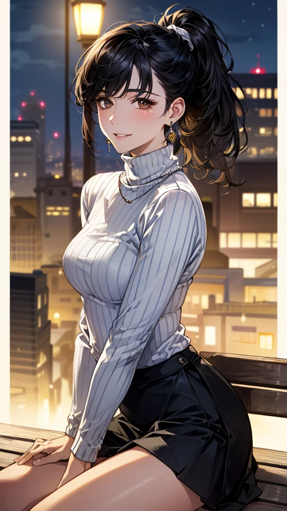 (masterpiece:1.3, Highest quality, Ultra-high resolution, Super detailed), (Realistic, photoRealistic:1.4), Beautiful illustrations, Perfect lighting, colorful, Depth of written boundary, 
Beautiful detailed hair, Beautifully detailed face, Beautiful fine details, Droopy eyes、Beautiful clavicle, Beautiful body, 美しいLarge Breasts, Beautiful thighs, Beautiful feet, Beautiful fingers, 
View Viewer、Front view:0.6, Beauty1人, Japanese, Beauty、30 years old, Perfect Face, (Perfect Anatomy, Anatomically correct), Cute and symmetrical face, Baby Face, , Shiny skin, 
((Warm-colored turtleneck sweater:1.4)),((Long skirt 1.5))
(Black Hair, ponytail:1.4),  braided bangs、Dark brown eyes, Droopy eyes、(Large Breasts), Slim body, 
necklace, (Small earrings:1.3), 
(Beautiful views), (night), (city, cityscape in the distance), Sitting on a bench, A soft smile、(Smile, Lips parted), 