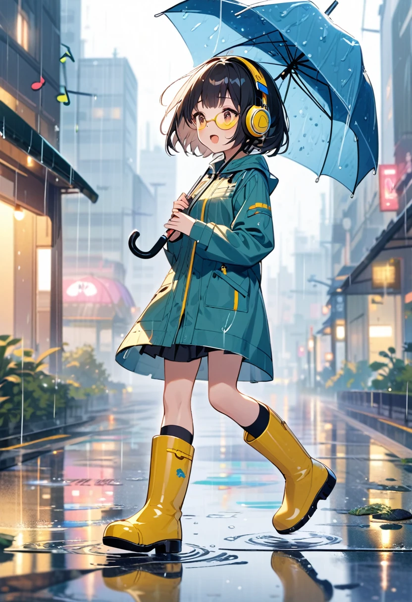 (extremely detailed fine touch:1.3),absurdres, highres,BREAK kawaii girl holding umbrella and singing song, rainy day, musical notes, Rainy cityscape, open mouth, (super very short hair:1.3), (yellow glasses:1.3), underrim_metal, headphones, rain boots, water reflection,