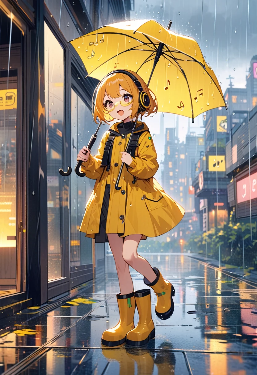 (extremely detailed fine touch:1.3),absurdres, highres,BREAK kawaii girl holding umbrella and singing song, rainy day, musical notes, Rainy cityscape, open mouth, (super very short hair:1.3), (yellow glasses:1.3), underrim_metal, headphones, rain boots, water reflection,