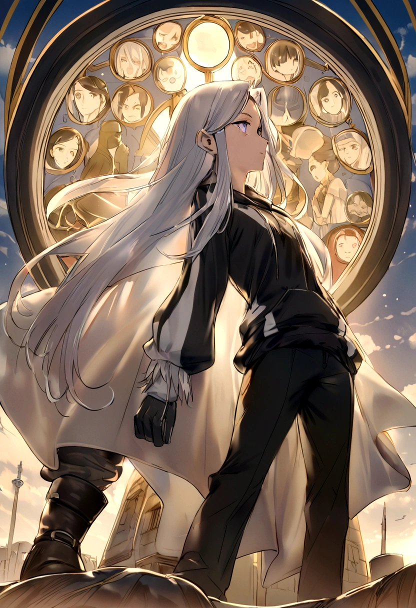 > A tall, thin 19-year-old boy with long silver hair and a black streak, un ojo lila y el otro dorado, piel clara, he wears black pants, una playera blanca, una sudadera oscura, guantes de motociclista, botas medio altas negras y una cicatriz grande que atraviesa su ojo