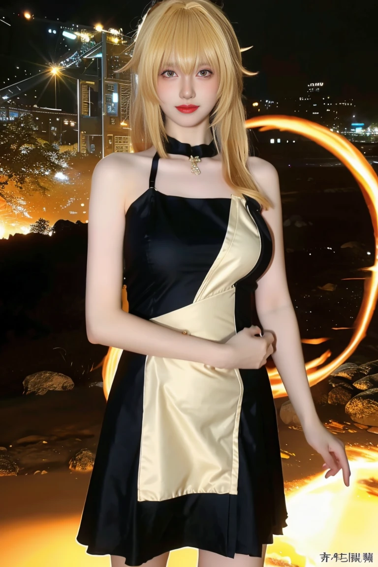 best quality, tmasterpiece,Ultra-high resolution,Clear face,(Reality:1.4),ferpect lighting,(upper body shot:1.5), (photorealistic:1.50), anime wallpaper, Guviz style artwork, cover-up fantasy up to magic , by Yang J, Guviz, beautiful artwork illustration, beautiful digital artwork, beautiful digital illustration, Li Song, beautiful anime portrait, art style in Beauvot,1girl, solo, long hair, (blonde hair), Ponytail hair, (Hair ribbon), Red ribbon, Bangs, hair ornament, (black dress:1.3), short dress, Thigh, standing,