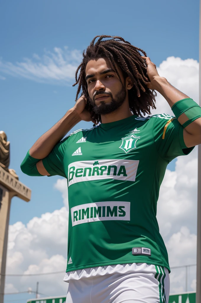 Um caramelo Na frente do Cristo Redentor Com uma Camisa do Palmeiras 
