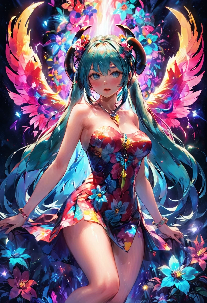(Highest quality, 4K, 8k, High resolution, masterpiece:1.2), Very detailed, (Realistic, photoRealistic, photo-Realistic:1.37), expressive aesthetics, 1960s counterculture, Brightly colored humanoid, Psychedelic Art, Retro art style, Sharp details, abstract pattern, , , , , Flower Power, , Psychedelic Background, Fractal Art, Multicolored neon lights, A unique and trippy perspective, landscape, Hallucinations, a mind-changing experience, Motion Blur, Fluid movement, Synthesizer Sounds, Realistic fur rendering, Rich and vibrant color palette, , Mysterious glow, high contrast lighting, , , One Girl, alone, , , , , , , Glowing Skin, , , Wrist cuff, , , , , Red cheeks, , , , , , Nipples, , , Ahegao, Shisy lips, Sexy posture, Dynamic p,Lens flare, Hatsune Miku, succubus