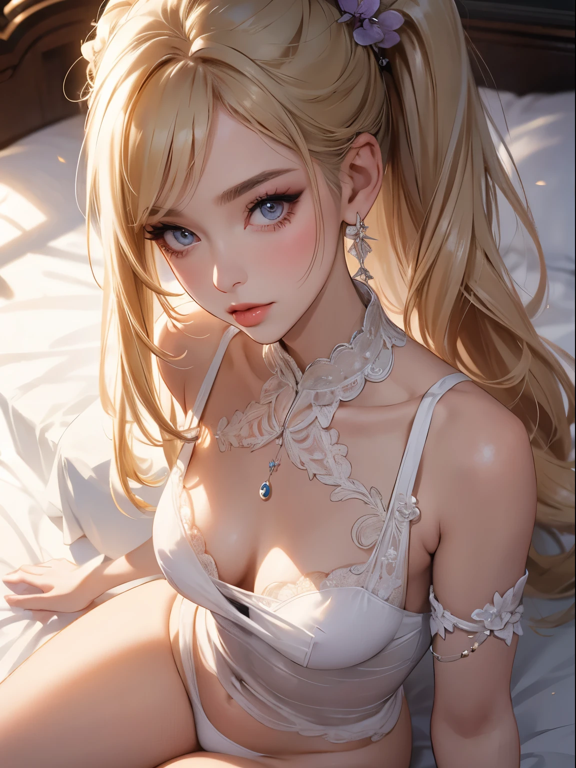 23-year-old woman, blonde hair, hair tied in a side ponytail, sensual neckline, transparent silk blouse, small breasts, pointed breasts, nipples marked on clothing, facing the viewer, female focus, (Masterpiece:1.0) , (8k wallpaper:1.0), (beautiful detailed face:1.0), character close to the camera, V-shaped panties, violet panties, lace panties, lying on a bed, view from above,