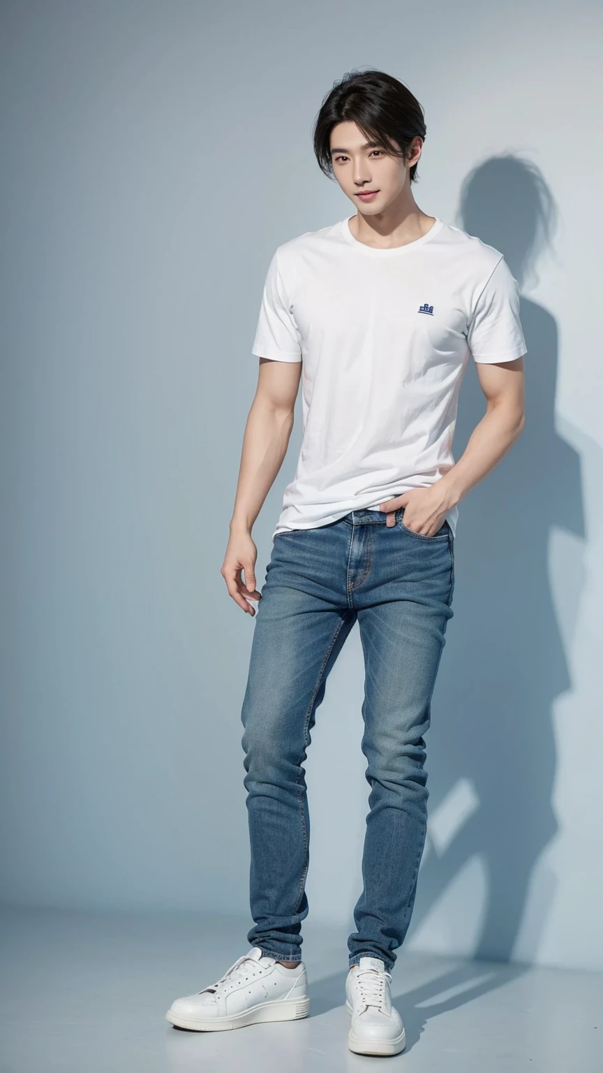 The 28-year-old refreshing and handsome korean man standing in studio, wearing glass, simple background, ((full body)), jeans, sneakers, smile,（real photos）(Natural light on face)、korean 28-year-old man, white t-shirt, muscular、（top quality）、Super detailed、（masterpiece）、　Ultra high quality、（masterpiece）、Ultra high quality、very beautiful hair、bright photos、As handsome as a model、As handsome as an ido