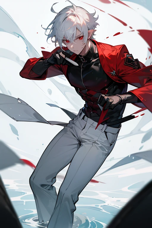 male、White Hair、Short Hair、Red Eye、Cold-blooded man、Handsome、Well-built、Cold Face、Well-formed face、服に滴るsemen、White sludgyしたLove juice、Pants got wet、Overflowing from the crotch、Red stained ears、Looks like he's in pain、男genital、ejaculation、semen、erection、Love juice、Expose、erection、大量、Wet crotch、Soaking wet、Sexy、White sludgy、liquid、have an erection、genital