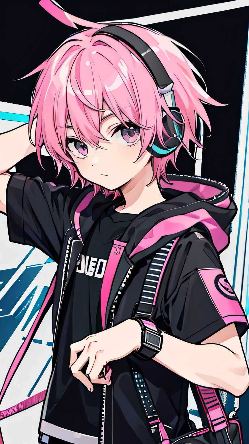 1 boy, pink hair, black eye, whole body, wear headset