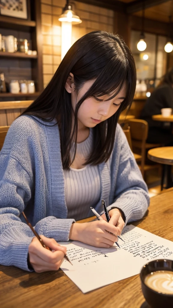 A Japanese girl in her twenties writing a letter in a cafe